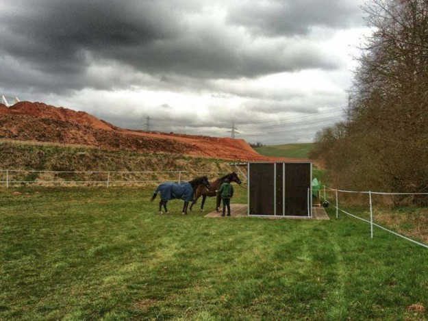 Gnadenhof-Pferde Carthago (r.) und Lando mit ihrer neuen Weidehütte / © 2014 Arche KaNaum (DN)