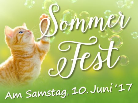 Einladung zu unserem Sommerfest 2017 / © 2017 Arche KaNaum (NH) / Katze m. Seifenblasen: Photo-SD - Fotolia.com
