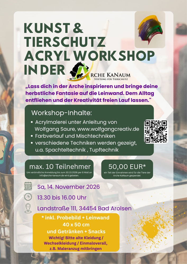 Kunst und Tierschutz in der Arche! Acrylmal-Workshop am 14.11.2026